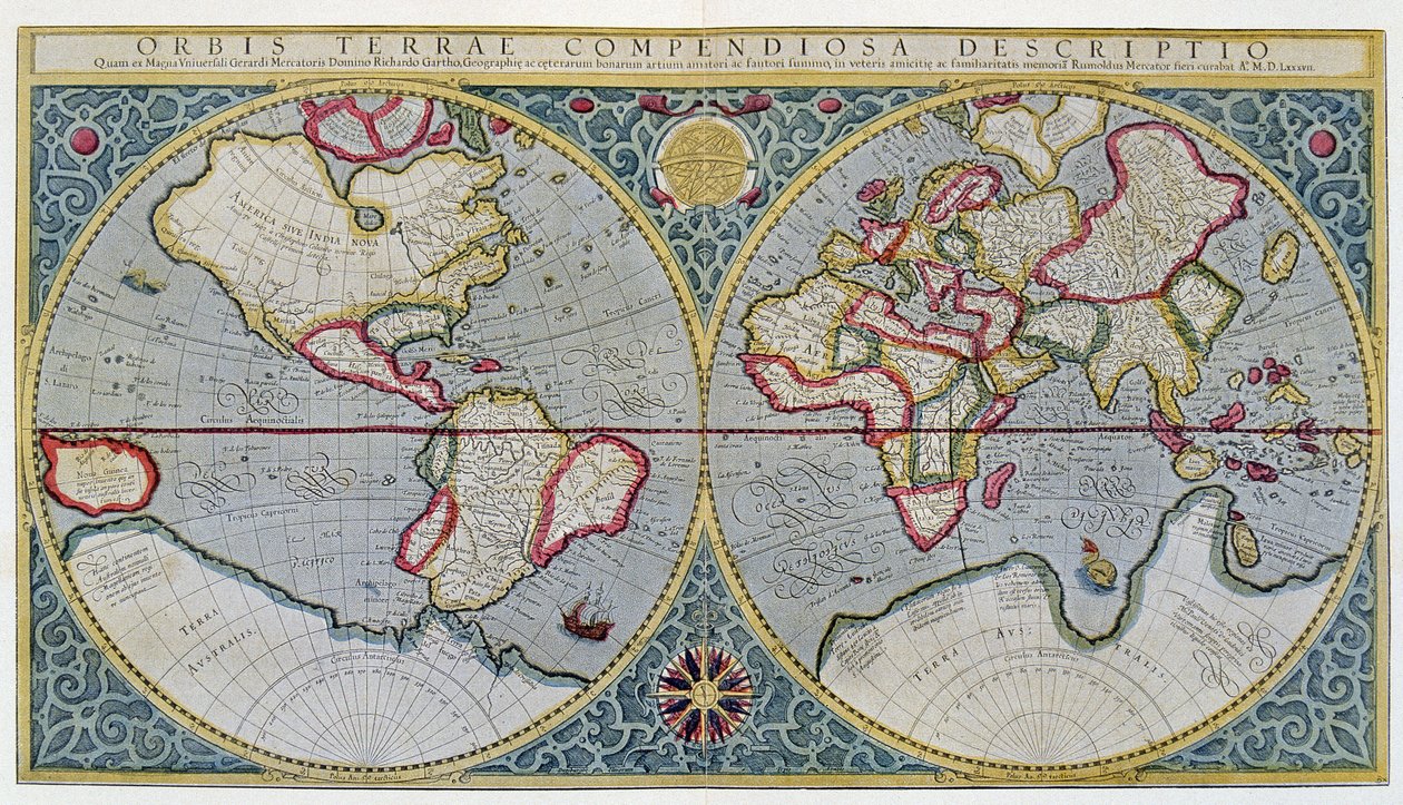 メルカトールの世界地図（1587年）-アムステルダムの「Gerardi Mercatoris Atlas sive Cosmographicae meditationes de fabrica mundi et fabricati figura」による。 作： 無名の画家