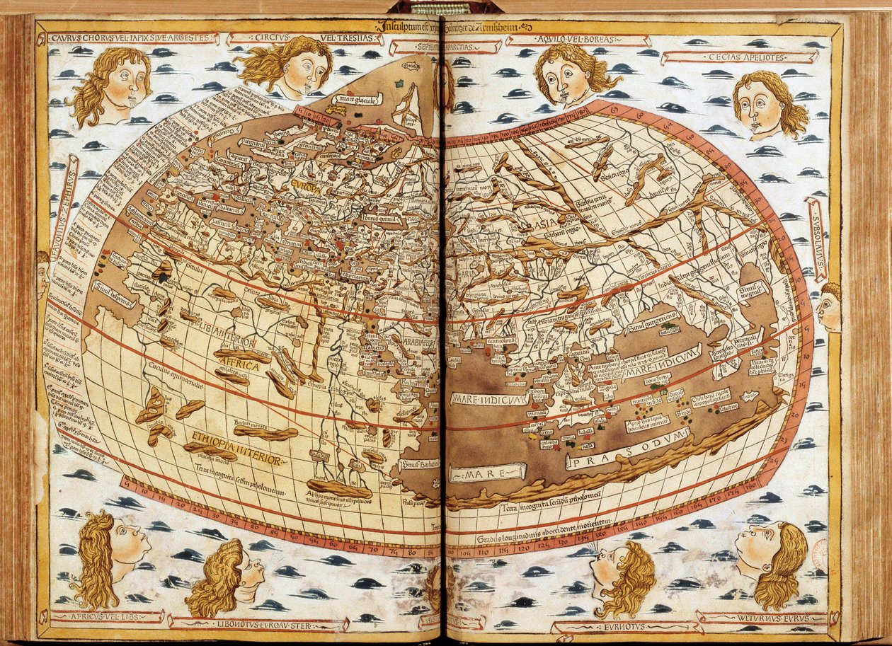 Claude Ptolemeeの世界地図です。人間の頭が空気を吹いているのは、それぞれの風を表している（名前が示されている）。ラテン語のジオグラフィア」ではBeatissimo Patri Paulo Secundo Pontifici Maximo.Donis Nicolaus".教皇パウロ2世に献上された地理学写本。M 作： 無名の画家