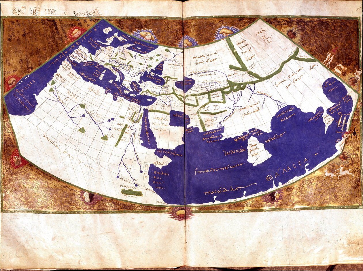 ギリシャの天文学者・占星術師であるクラウディウス・プトレマイオス（Claudius Ptolemaeus, 90-168 ap JC）の世界地図 - 北極と南極、アメリカ大陸を除いた平らな地球を表現したもの - 15世紀の手稿 - ヴェネツィア、ビブリオテカ・マルシアーナ 作： 無名の画家