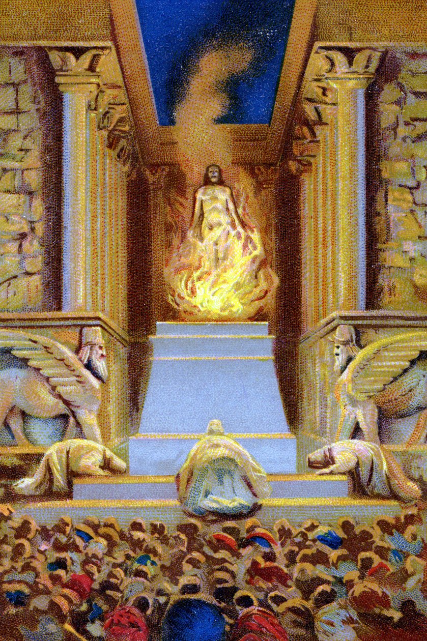 ツァラトゥストラ（Zarathustra, Zarathushtra, Zarathustra or Zoroastra）は、炎に包まれた神殿の中で死んだ。19世紀のクロモリソグラフ。 作： 無名の画家