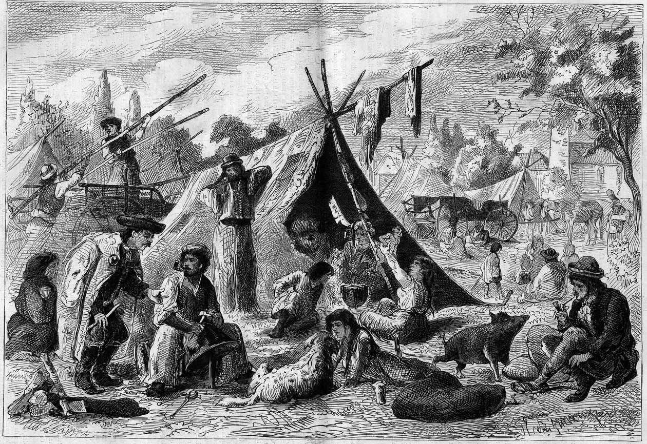 1873年、オーストリアのウィーン郊外にあったジンガリ・キャンプ（ボヘミアン・キャンプ）。 作： 無名の画家