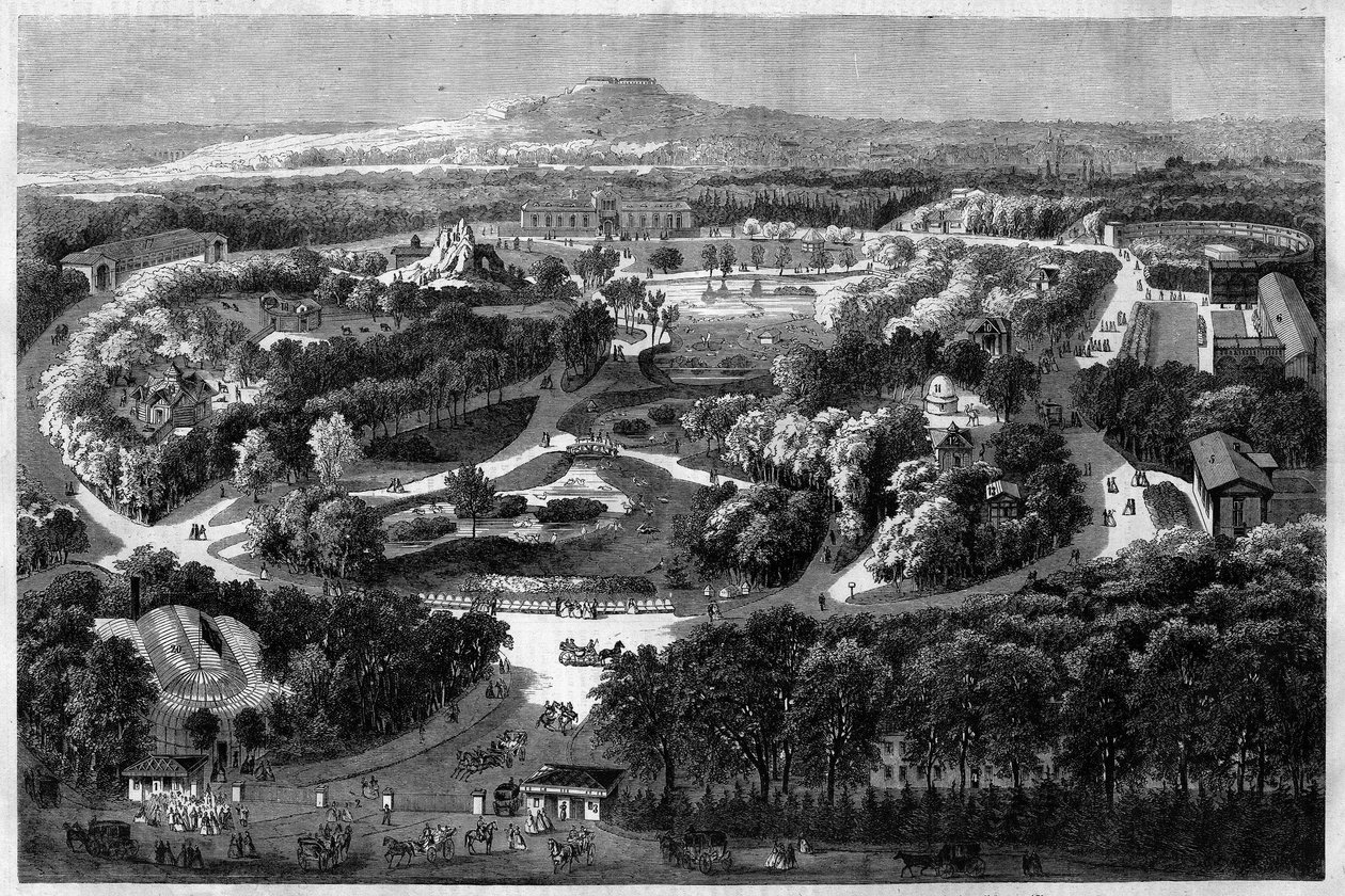 1860年にナポレオン3世によって開設されたブーローニュの森にある順応の庭の全景。 作： 無名の画家