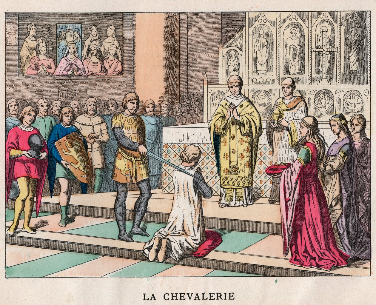 騎士 - La Chivalerie - Softening of a Knight - "Nos Gires Nationales - Images and recits "に掲載された19世紀末のエングレーヴィング。 作： 無名の画家