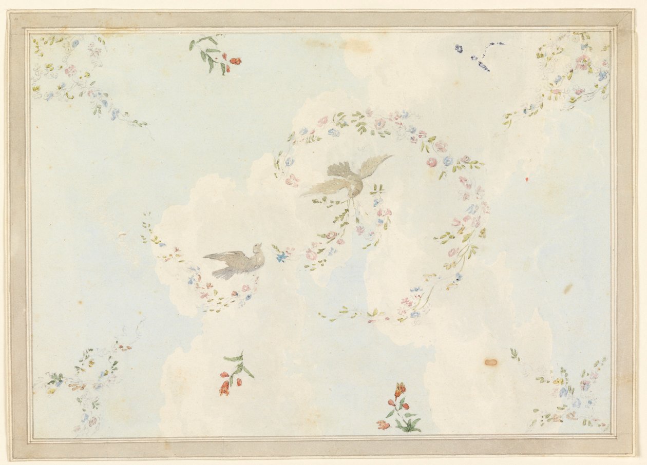 鳩と花輪の天井デザイン、おそらくエントランス・ホールのためのデッサン、1815-22年 作： 無名の画家