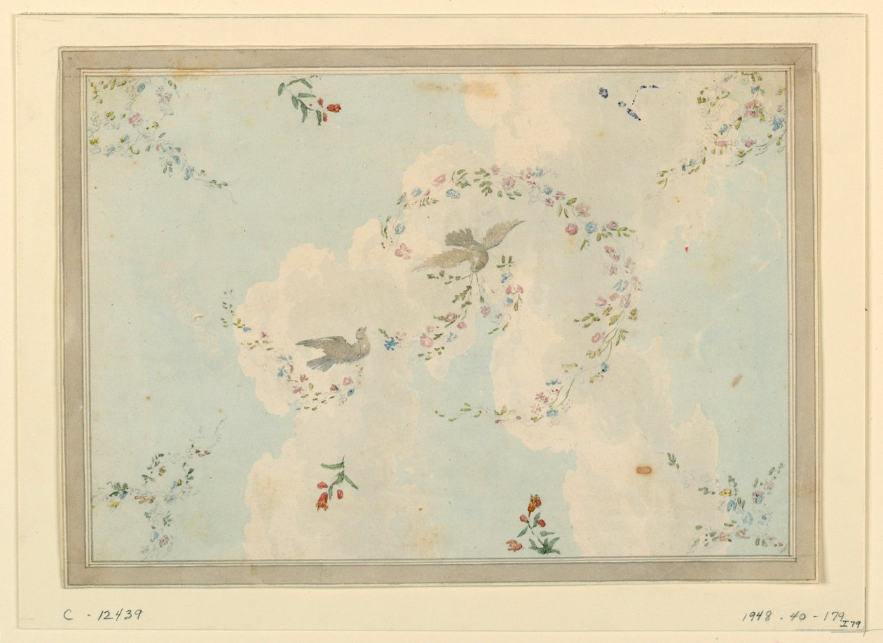 鳩と花輪の天井デザイン、おそらくエントランス・ホールのためのデッサン、1815-22年 作： 無名の画家