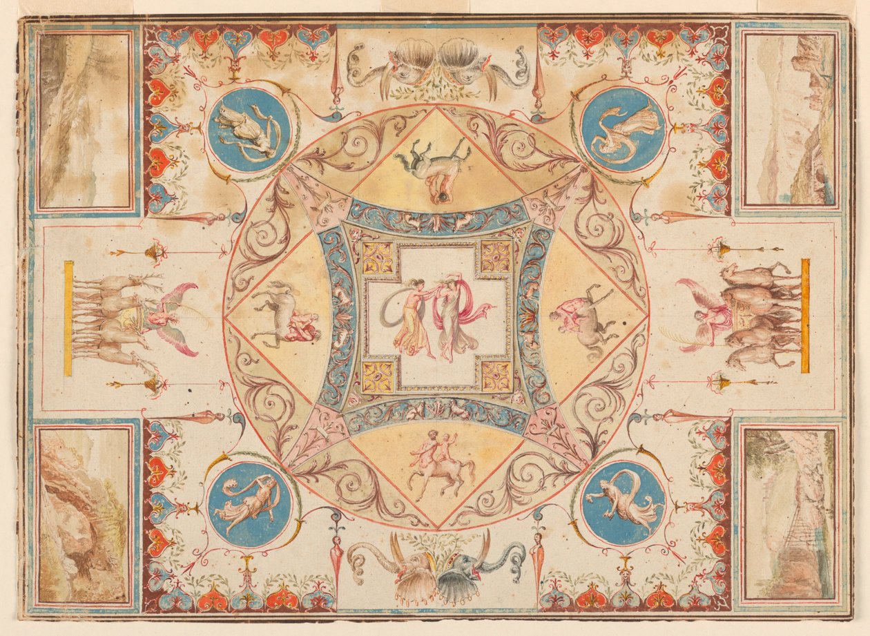 ニンフ、ケンタウロス、雄鹿、象が描かれたハドリアヌスの別荘の天井、1785年頃のデッサン 作： 無名の画家