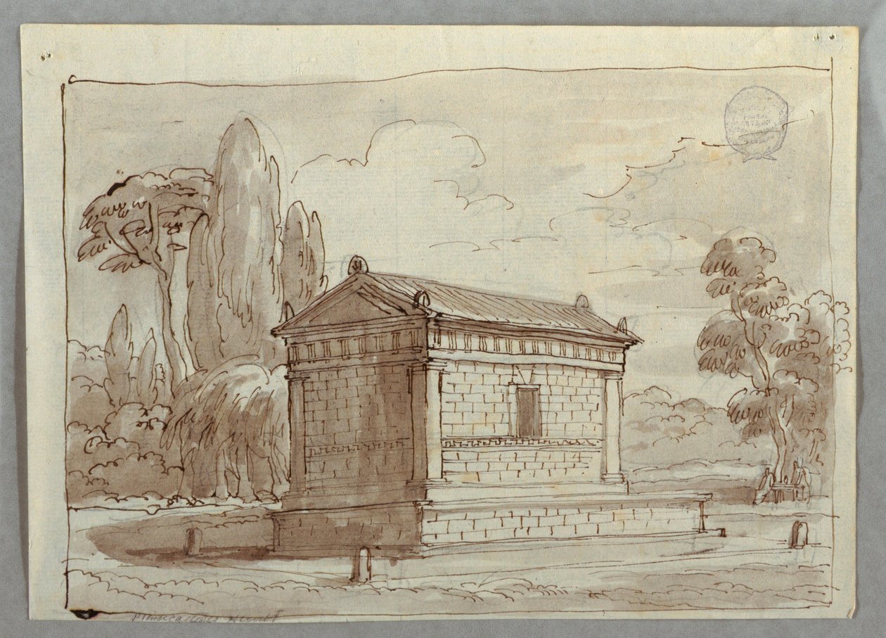 素描 風景の中の古典的寺院 1805年頃 作： 無名の画家