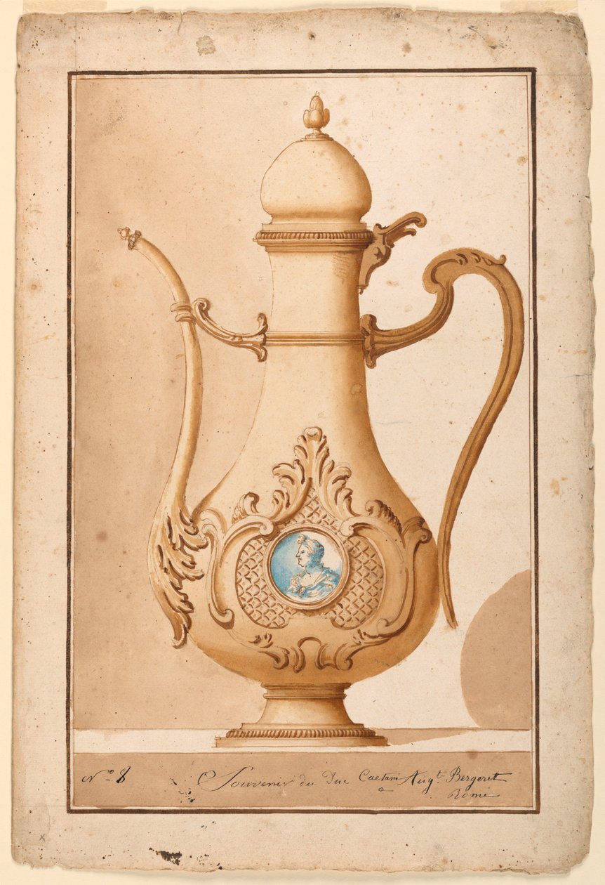 デッサン、エナメル・メダリオン付きコーヒーポット、1700-1725年 作： 無名の画家