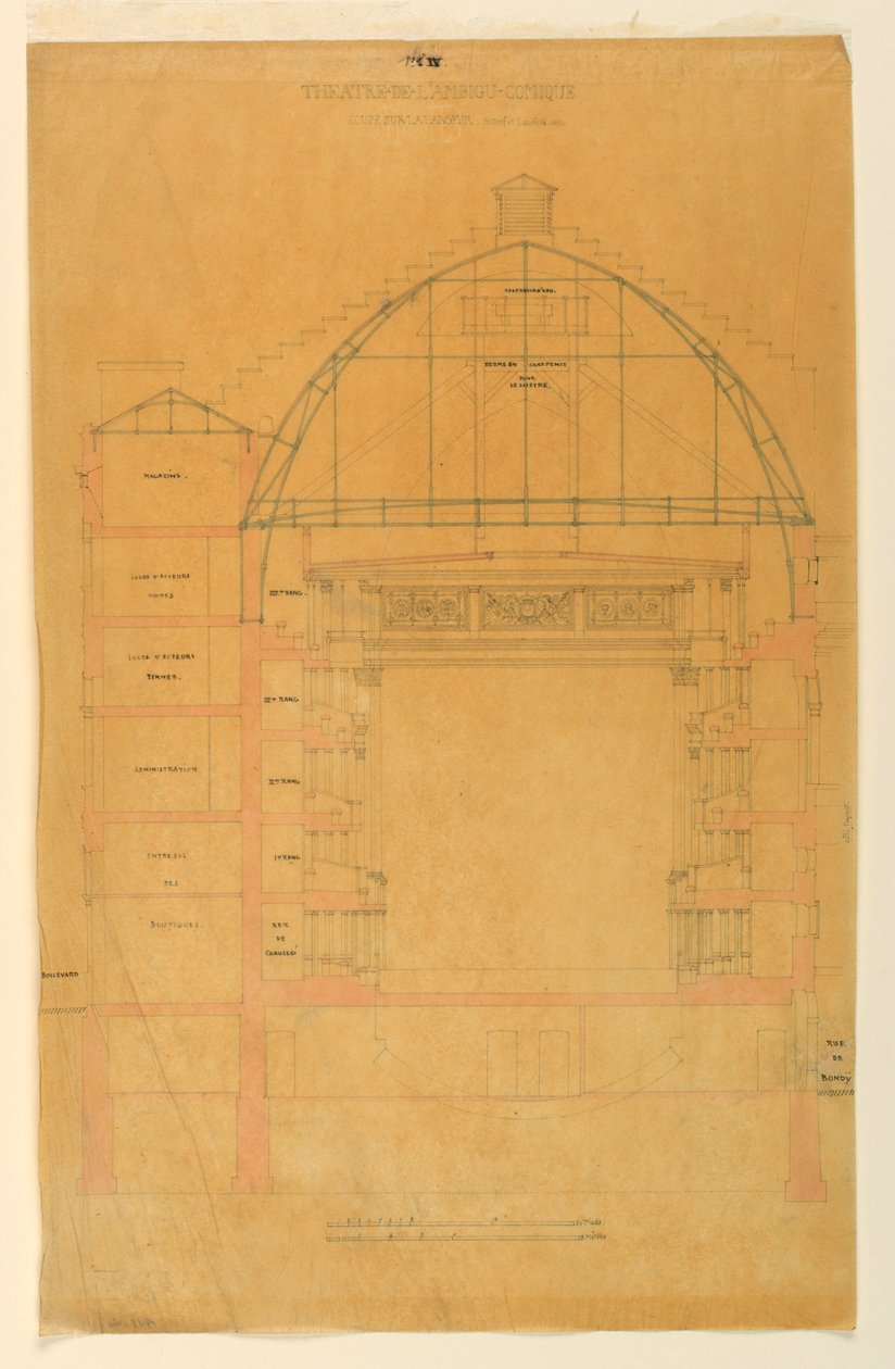 デッサン、パリのアンビギュ・コミック劇場の断面、1825-40年頃 作： 無名の画家