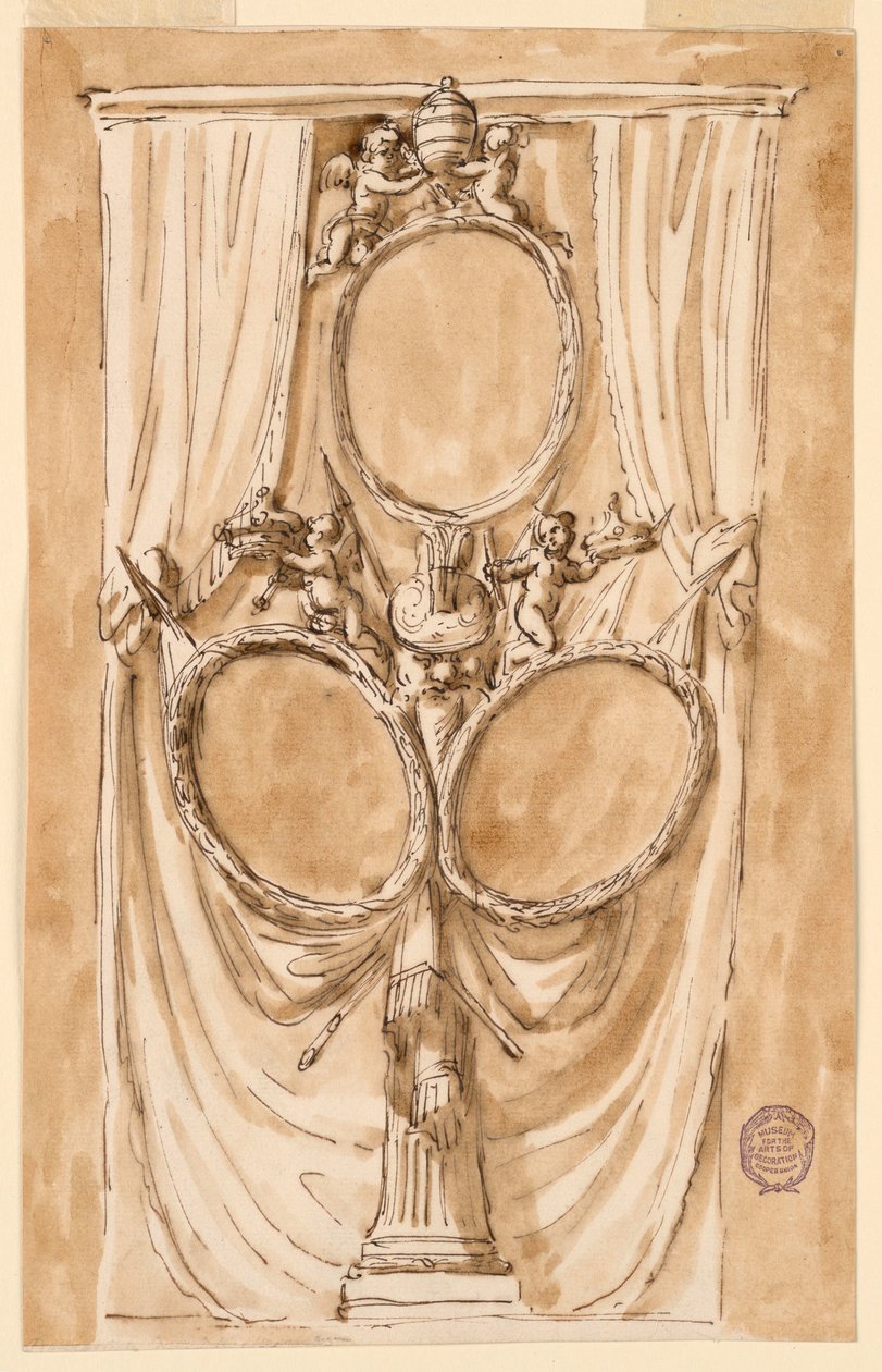 デッサン、教皇ピウス6世と王室夫妻の肖像画の装飾、1790年頃 作： 無名の画家