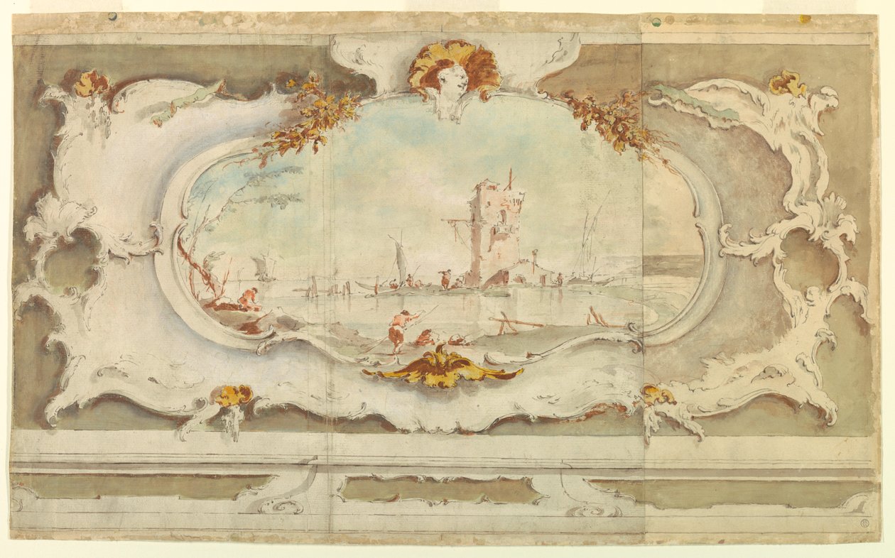 デッサン、風景の装飾カルトゥーシュ、1770年頃 作： 無名の画家