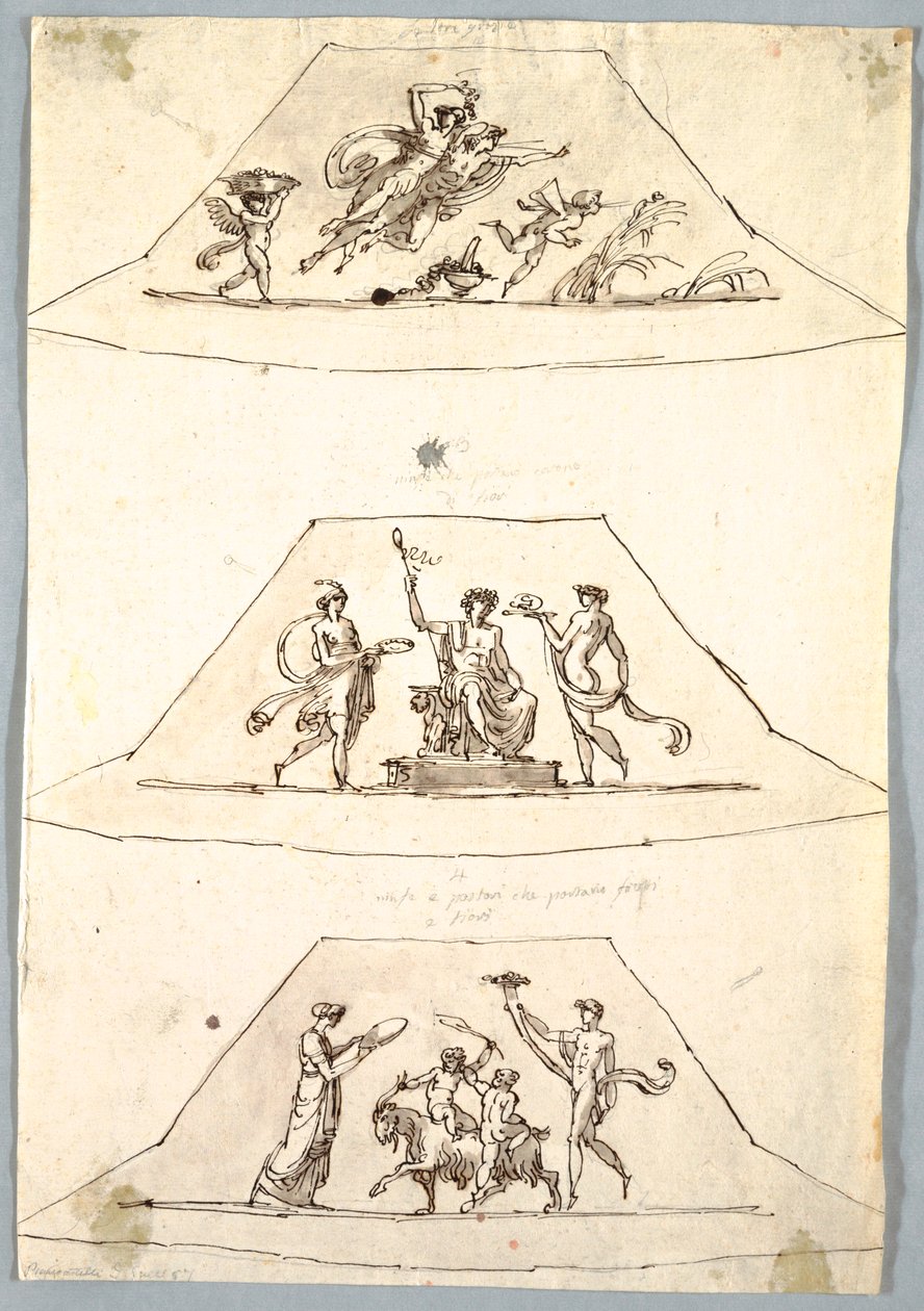 デッサン、装飾プロジェクト：フローラとゼフィーロをあしらった3つの台形、1815年頃 作： 無名の画家