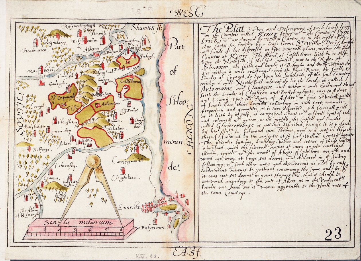16世紀のアイルランド、リムリック郡の地図、1588年頃（紙、リネン） 作： 無名の画家