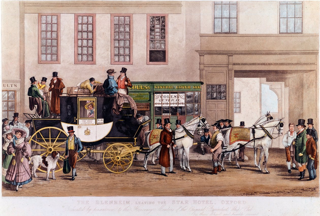 1831年、オックスフォードの「スター・ホテル」の前での勤勉さ」19世紀のエングレーヴィング。 作： 無名の画家
