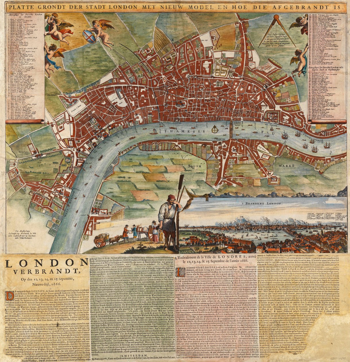 ロンドン大火で壊滅的な被害を受けた地域を示すオランダの地図 作： 無名の画家