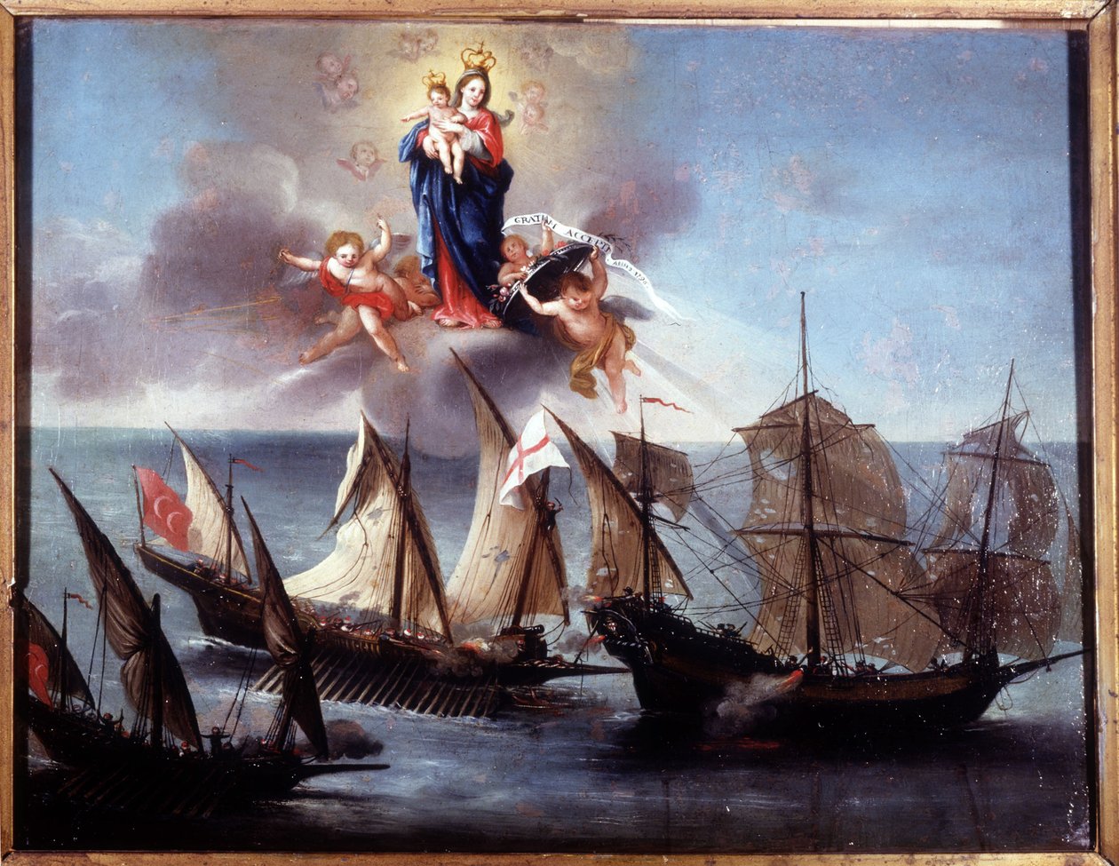 ガリオットと蛮族のハーフガレーに襲われるジェノバの船。Ex-voto 1796.Museo navale di Genova-Pegli. 作： 無名の画家