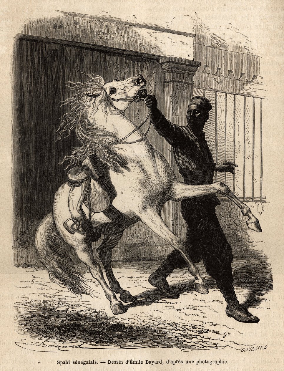 Ein senegalesischer Spahi (Reiter) in Saint-Louis (Saint Louis). Gravur zur Illustration einer Kreuzfahrt an der Küste Afrikas, von Vizeadmiral Fleuriot de Langle, veröffentlicht in „Le tour du monde“ 1872, herausgegeben von Edouard Charton, Edition Hachet von Unknown artist