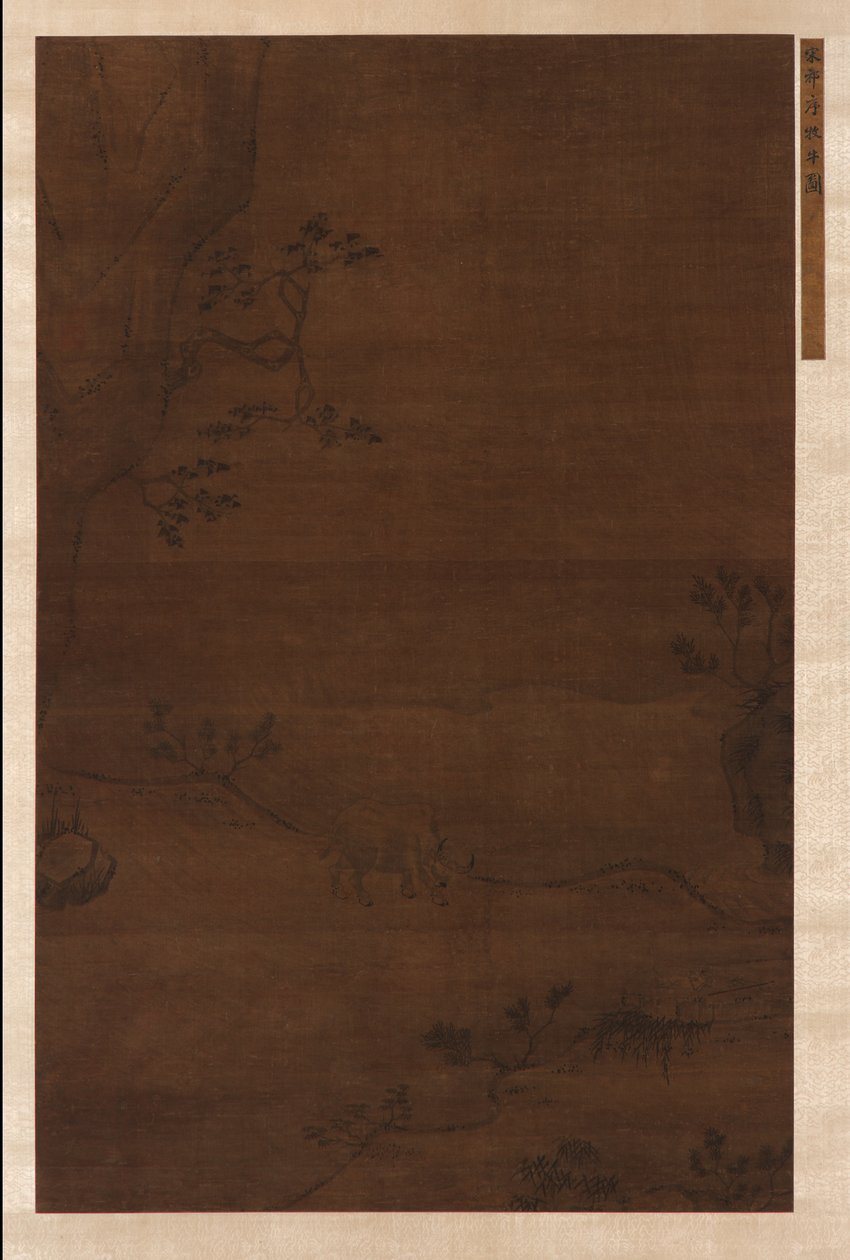 小川の近くの水牛と群れの少年 作： 無名の画家
