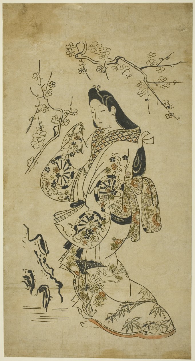梅の木の近くを歩く若い女性 作： 無名の画家