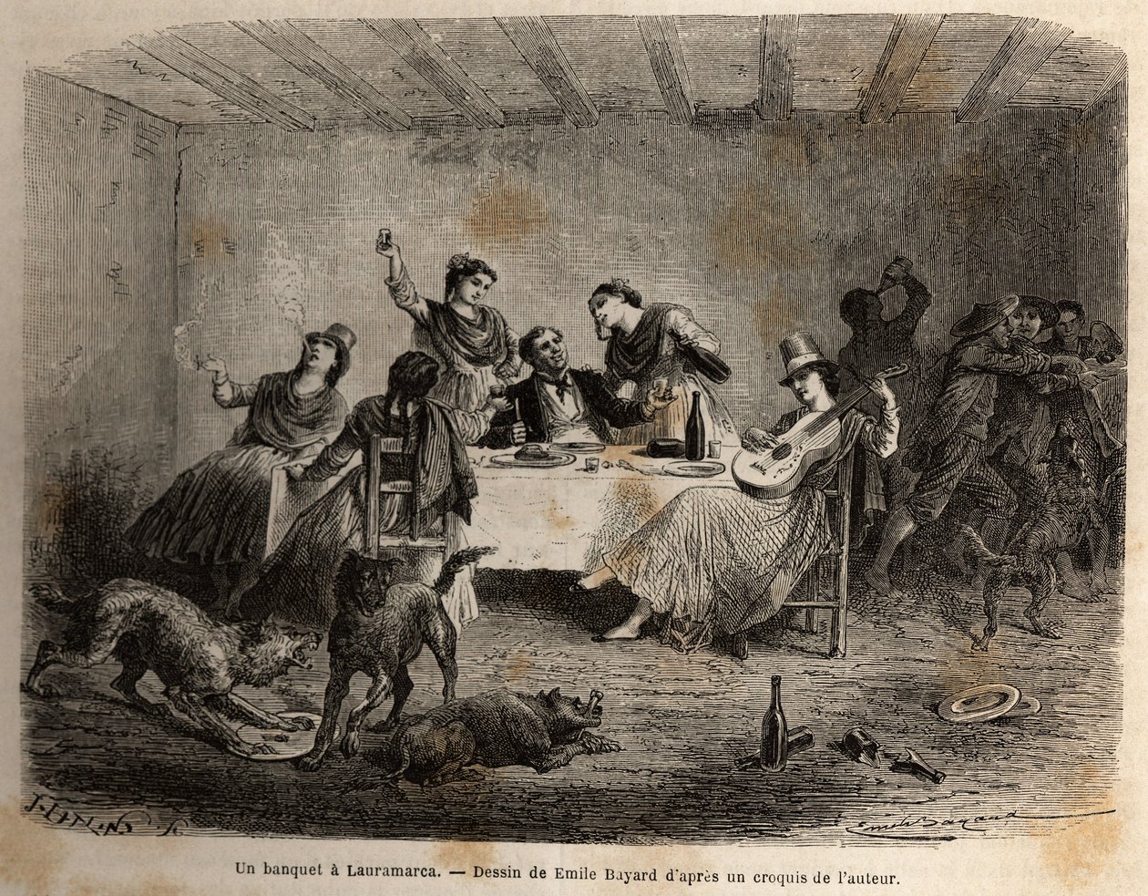 Ein Bankett in Lauramarca (Unterperu), ein Mann, umgeben von indianischen Frauen, wird bedient und verwöhnt, während seine Diener, seine Ablenkung ausnutzend, ohne sein Wissen aneinander geraten. Gravur zur Illustration der Reise in die Täler von Quinquina von Unknown artist