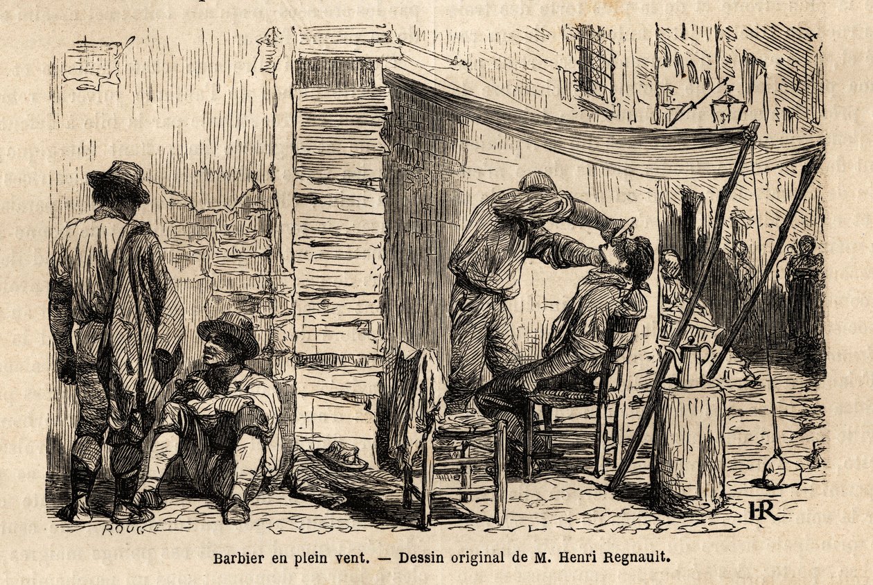 ローマの街で風に吹かれている床屋さん。フランシス・ウェイが1864年から1868年にかけて行ったローマへの航海を説明するためのエングレーヴィングで、エドゥアール・シャルトンの指揮の下、"Le tour du monde, nouveau journal des voyages "に掲載されています。 作： 無名の画家