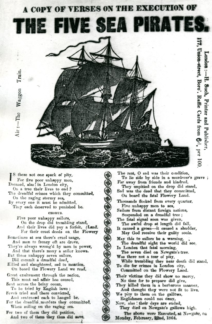 五人の海賊の処刑に関する詩のコピー（1864年頃 作： 無名の画家
