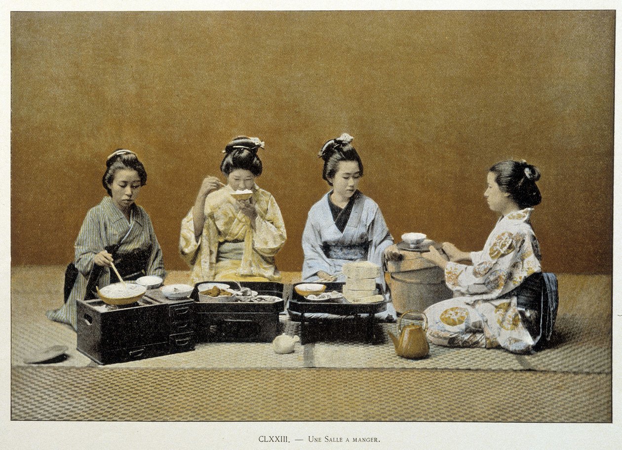 日本のダイニングルーム：箸でご飯を食べる女性とお茶を出す女性 - n.d. 19世紀後半 作： 無名の画家