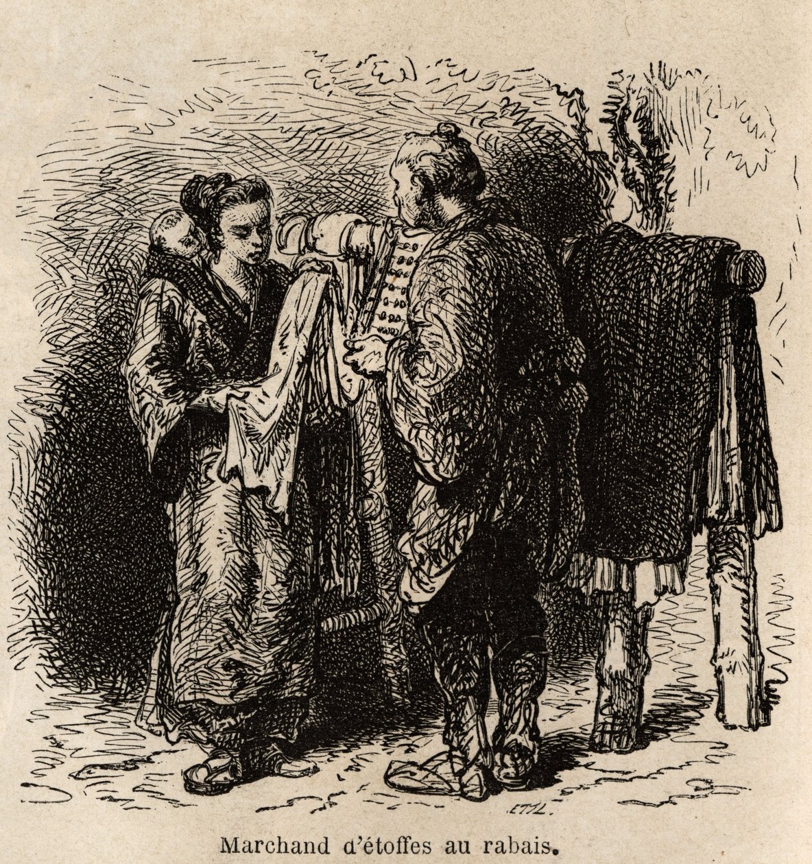 ディスカウント・クロス・ディーラーは、幼児を背負った若い女性に記事を作っています。1863年から1864年にかけて、スイス連邦公使のアイム・アンベールが日本への旅を描いたもので、「le tour du monde」に掲載された。 作： 無名の画家