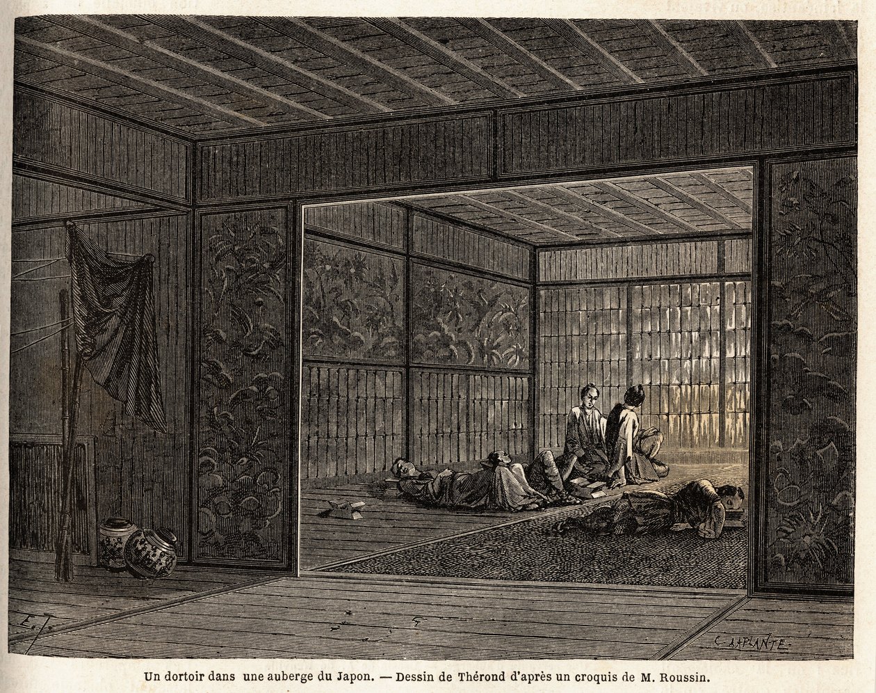 日本の旅館のドミトリー。1863年から1864年にかけての日本への航海を説明するために、スイス連邦公使のアイム・アンベールがエドゥアール・シャルトンの指揮のもとに出版した「Le tour du monde, nouveau journal des voyages」に掲載されたエングレーヴィング。 作： 無名の画家