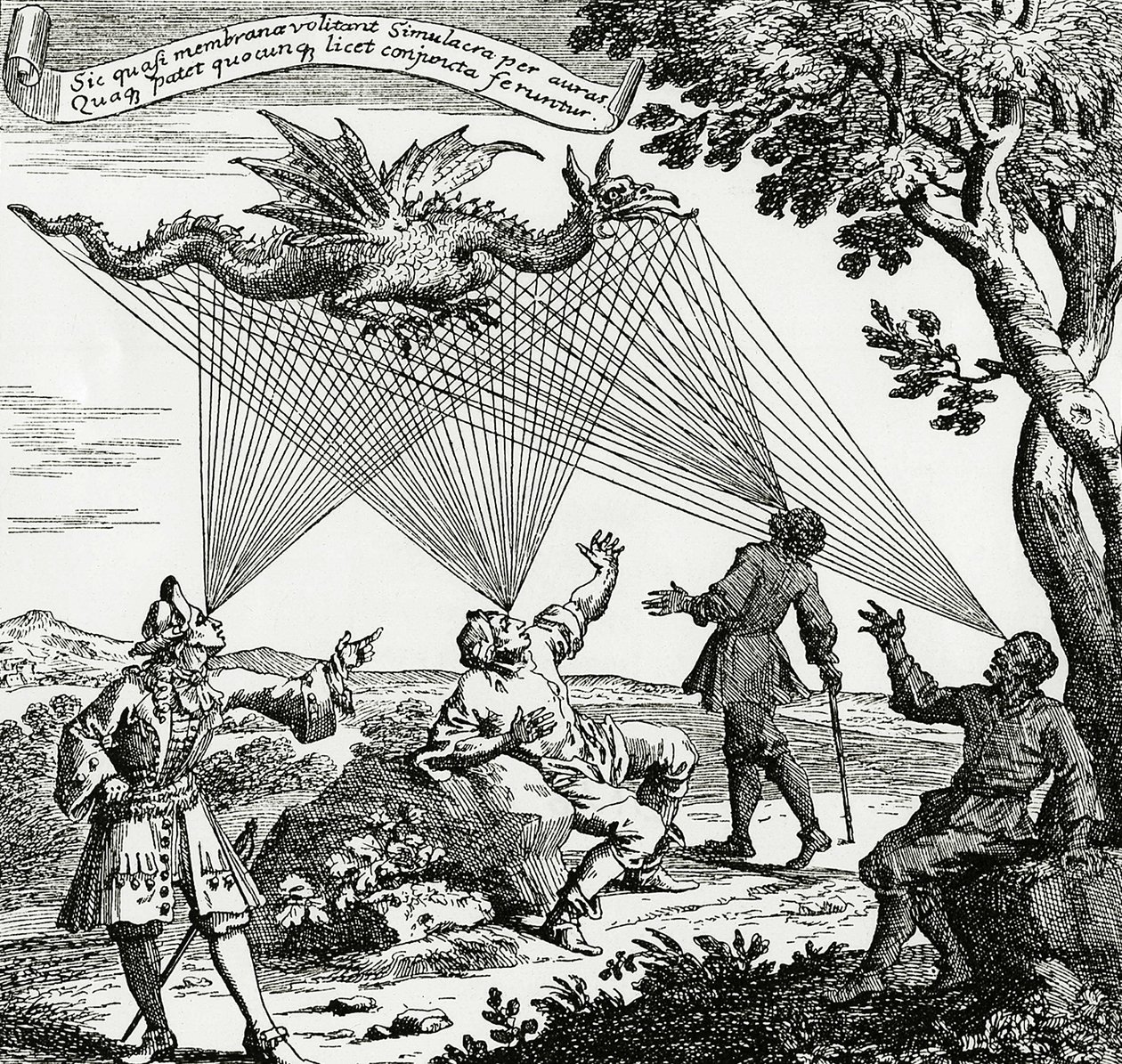 ザーンの「Oculus artificialis teledioptricus」の銅版画をもとに、さまざまな角度から見た龍を表現したもの。 作： 無名の画家