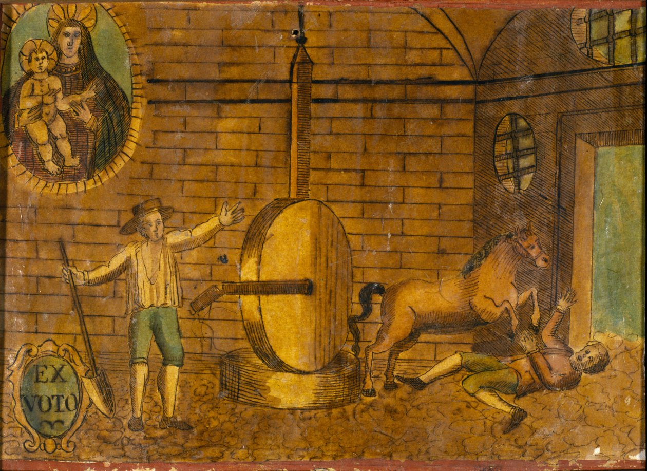 18世紀末のex voto、馬に倒された男。 作： 無名の画家