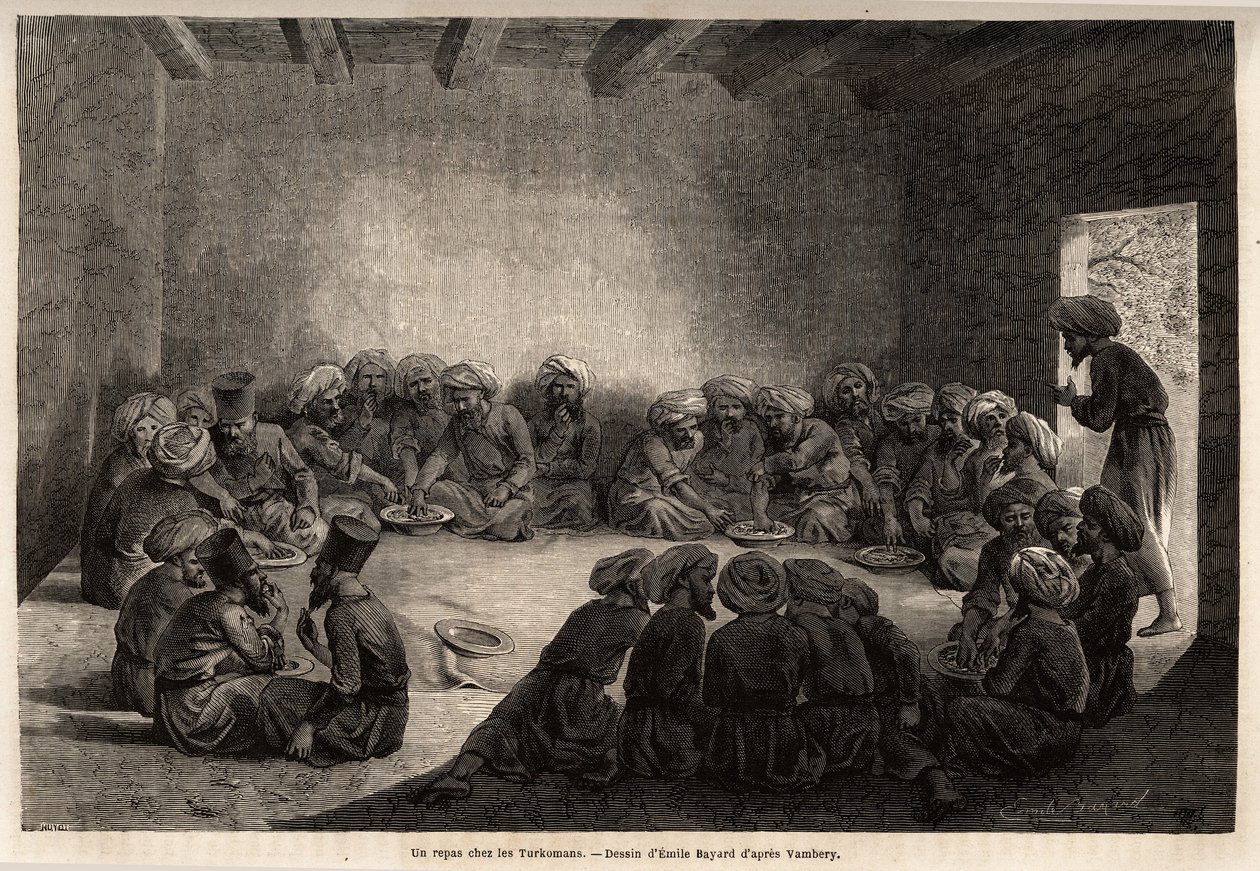 Eine Mahlzeit bei den Turkmenen (Irak). Zeichnung von Emile Bayard (1837-1891), zur Illustration der Reise nach Zentralasien im Jahr 1863 von Arminius Vambery (ungarischer Wissenschaftler verkleidet als Derwisch). Gravur in „Le tour du monde“, herausgegebe von Unknown artist