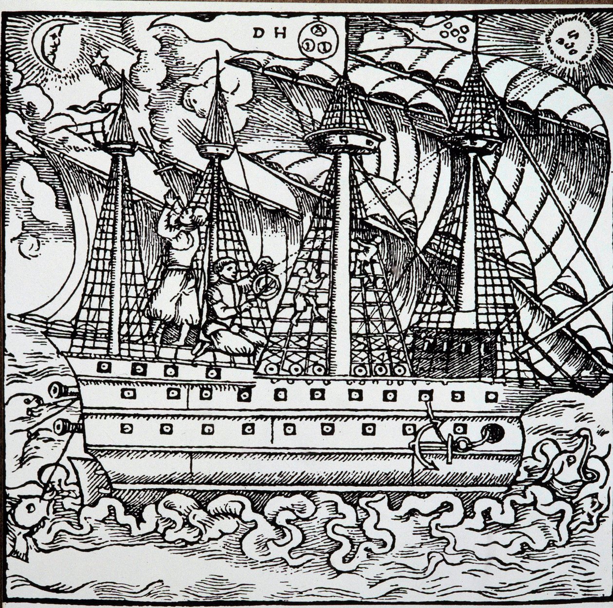 アストロラーベを使うポルトガルのカラベルの航海士。ドイツ人航海士ハンス・シュターデン（1525-1579）の旅行記からの挿絵 作： 無名の画家
