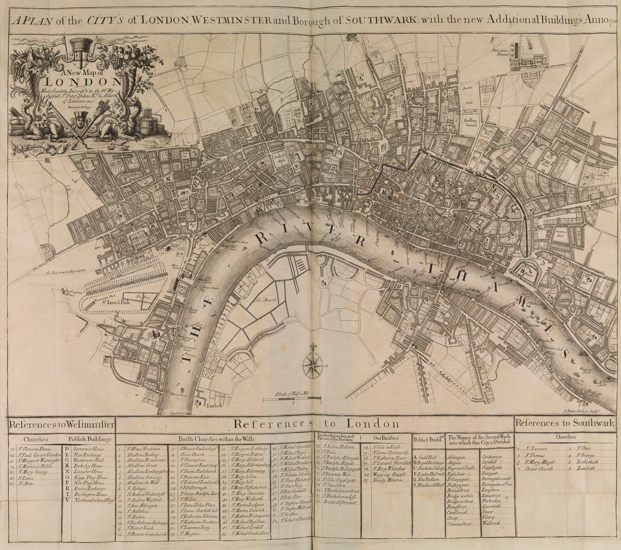 ロンドン市、ウェストミンスター、サザーク区、テムズ川の平面図 作： 無名の画家
