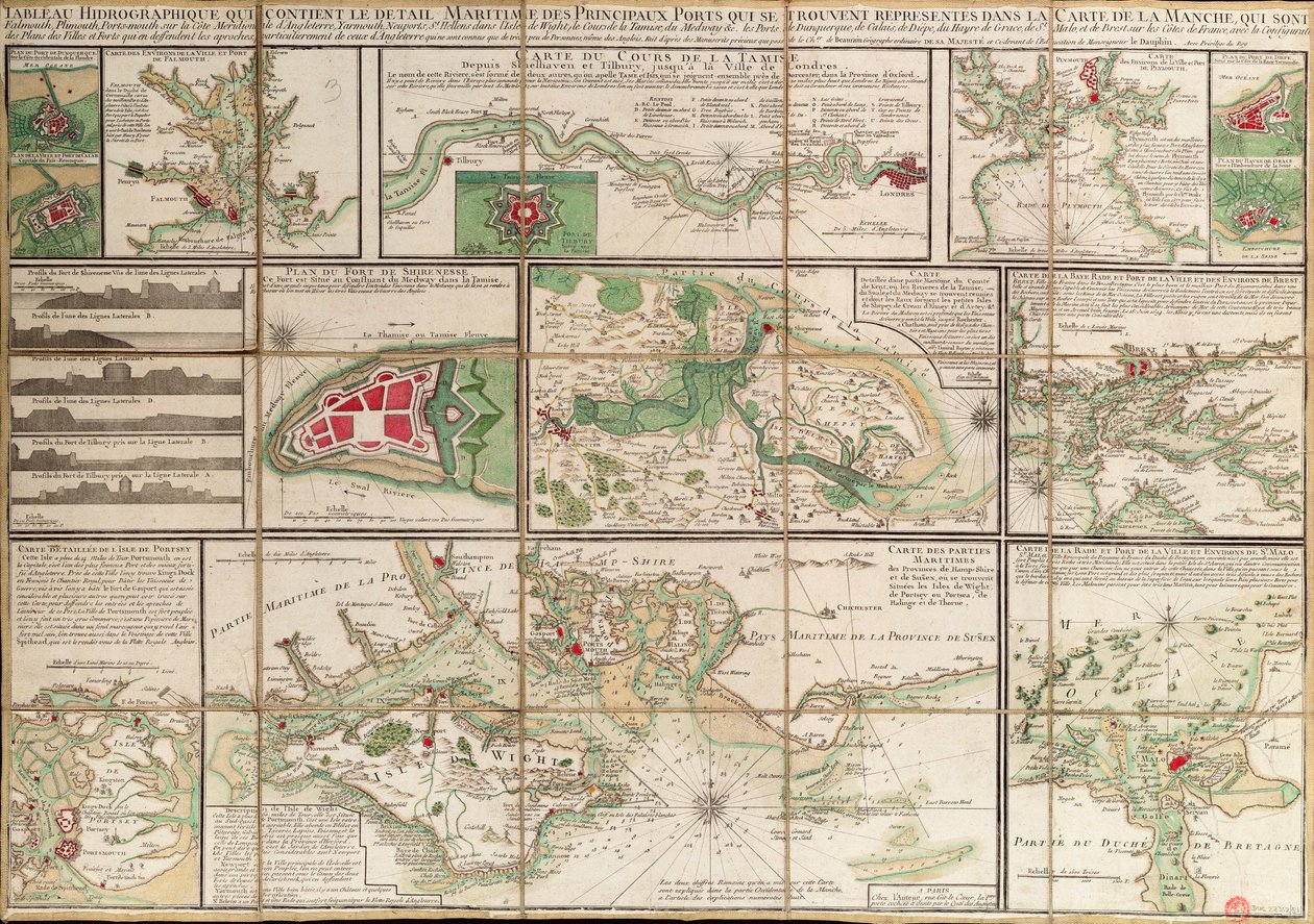イギリス海峡の地図に描かれている主な海港の詳細が記載された表、1780年頃（紙、リネン） 作： 無名の画家