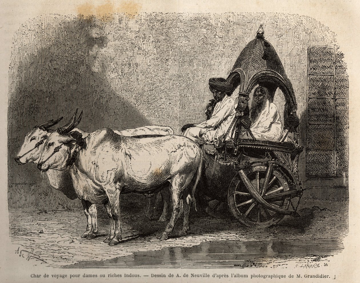 Ein Reisewagen, gezogen von zwei weißen Ochsen, für Damen oder wohlhabende Hindus. Gravur zur Illustration der Reise in die südlichen Provinzen Indiens, von Alfred Grandidier, 1862-1864, veröffentlicht in „le tour du monde“, unter der Leitung von D
