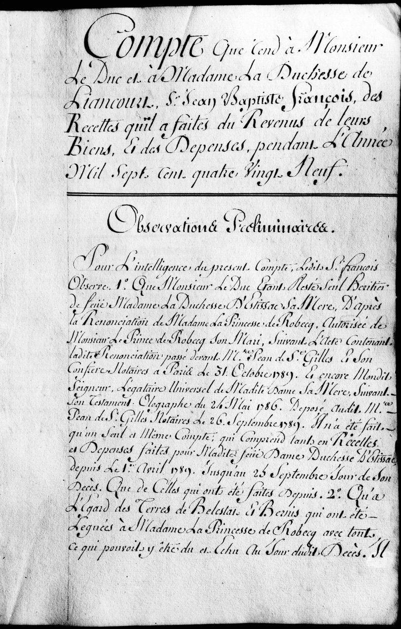 ロシュフーコーリアングール公爵の財産の1789年の会計簿。 作： 無名の画家