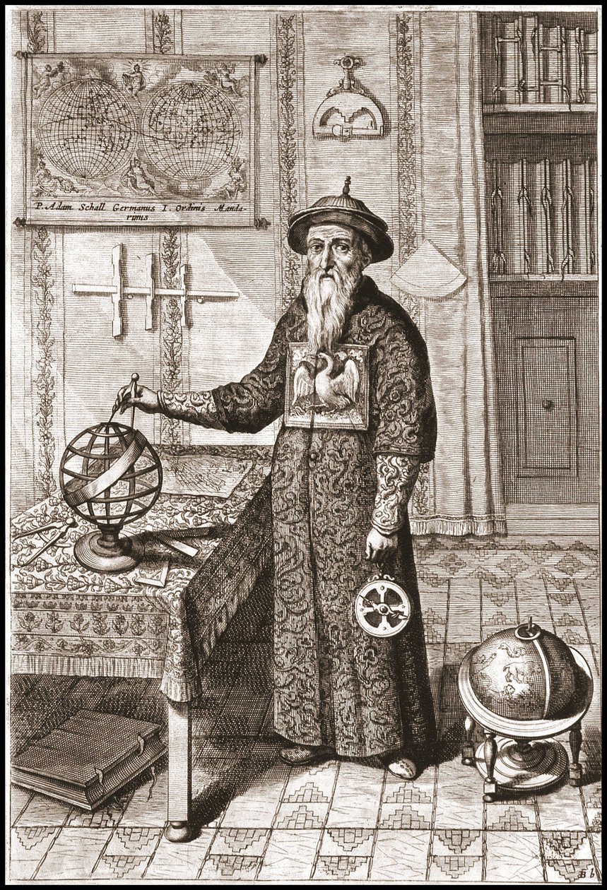 天文学者アダム・シャル(1592-1666)のマンダリン衣装、地球儀、天球儀、アストロラーベを持つ - アタナセ・キルヒャー（またはアタナシウス・キルヒャー）の「中国」にて 作： 無名の画家