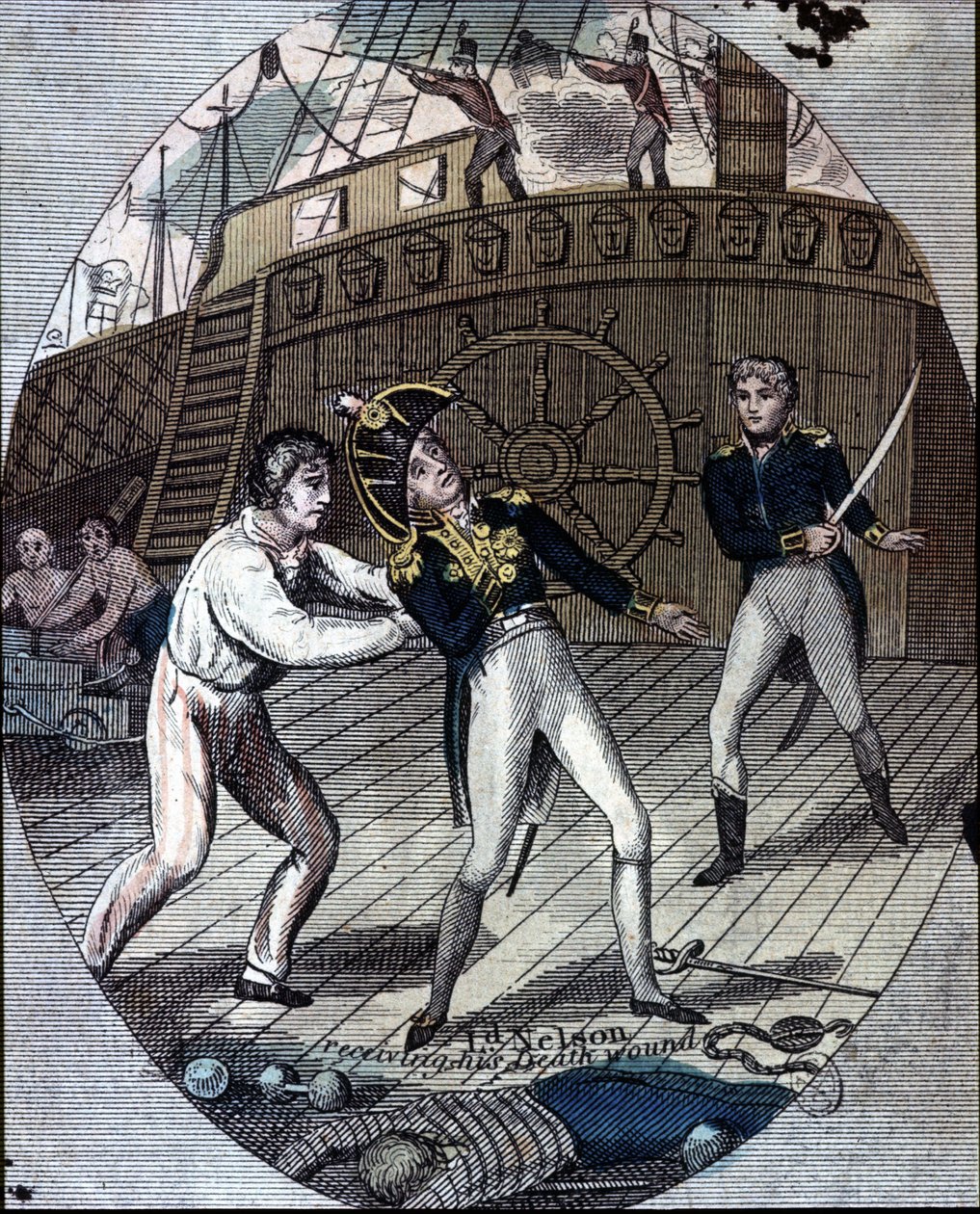 ヴィクトリー号(1765-1869英国ネルソン提督トラファルガー海戦旗艦)カラーリトグラフ HM.ムート作(1871-1931ドイツ) 取りに来ていただける方受け渡し日時自由 トラファルガーの戦いでネルソン提督が自艦の「ヴィクトリー」に乗って
