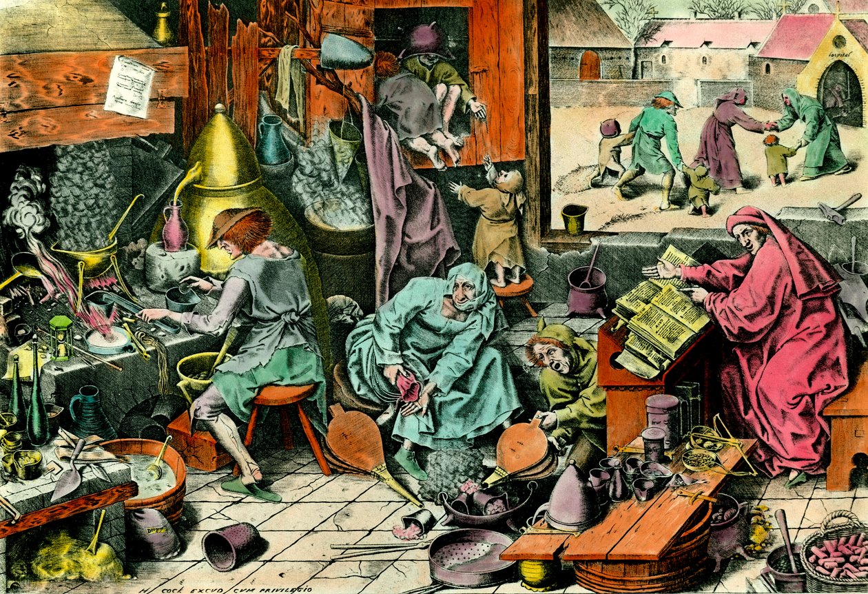 錬金術研究室 魔導書を調べる錬金術師。16世紀のエングレーヴィング 個人蔵