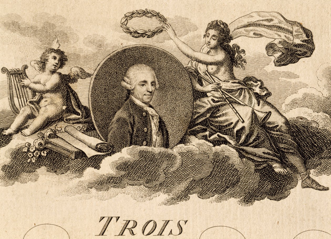 フランツ・ヨーゼフ・ハイドン（1732-1809）の「3つの四重奏曲」作品75、第1巻の楽譜のタイトルページにある「アレゴリー」。 作： 無名の画家
