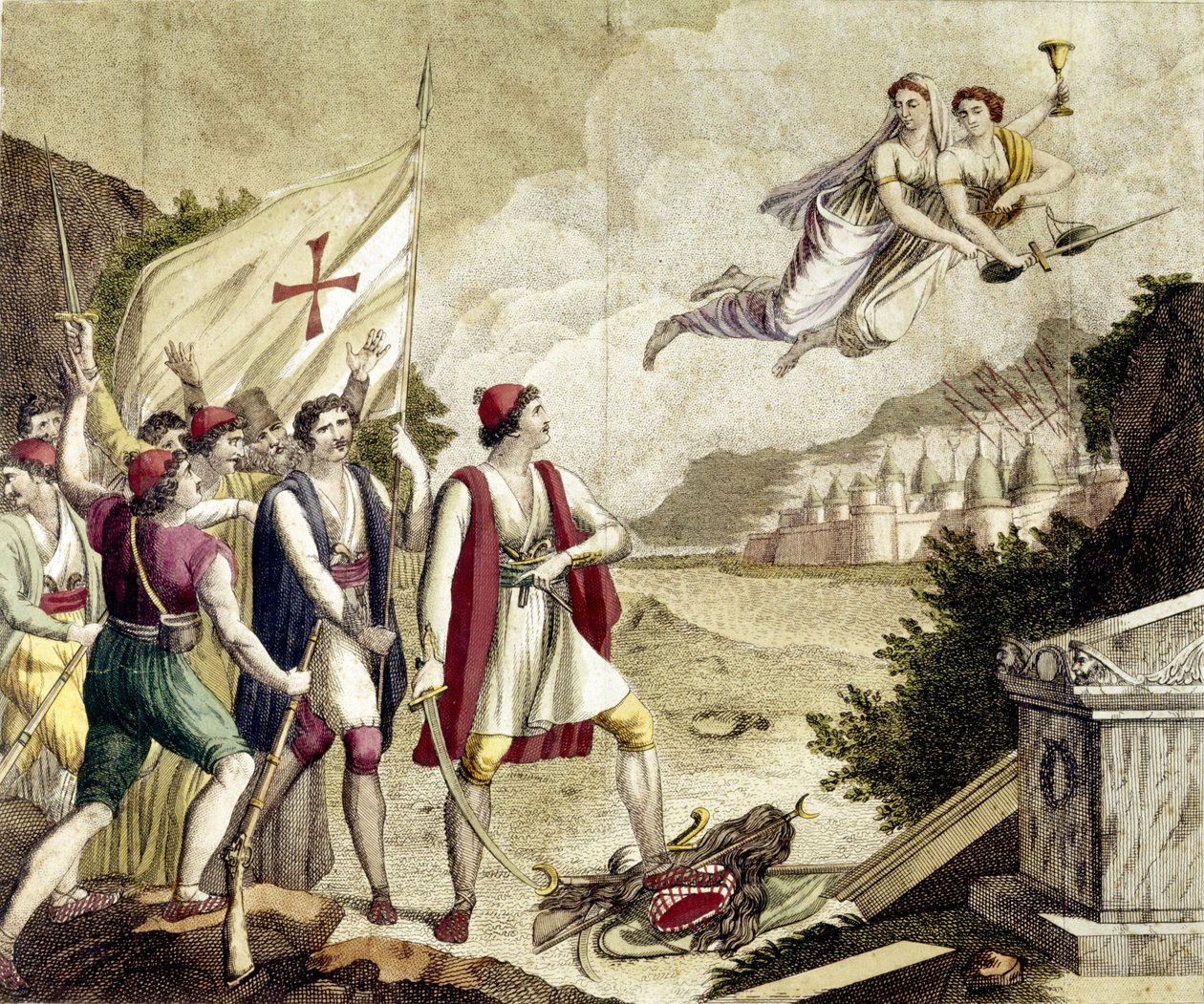 オスマントルコの支配下にあったギリシャの民族意識が再燃し、ギリシャ独立戦争（1821-1830）やギリシャ革命につながったことを示す寓話。 作： 無名の画家