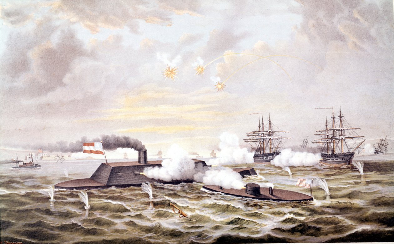 アメリカ南北戦争（1861～1865年）。ハンプトン・ローズ（バージニア州）の海戦 3月08日〜09日 作： 無名の画家