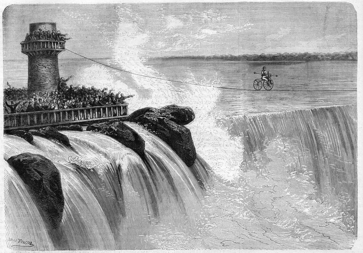 1869年、Velocipedeでナイアガラの滝を渡るアメリカ人ジェンキンス。 作： 無名の画家