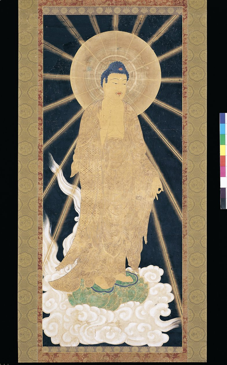 Amitabha (Amida) Triad Descending From Heaven (pigmentti konshilla (sininen riisipaperi)) 作： 無名の画家
