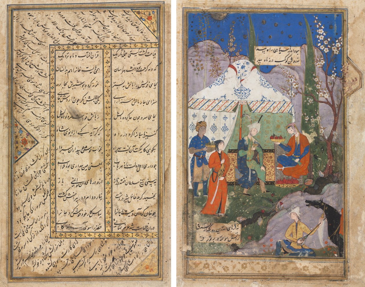 An Episode from the Story of the Sasanian King Khusrau and His Beloved Shirin, from a Khamsa (Quintet) of Nizami (1141–1209) (verso); Persian verses from a Haft Awrang (Seven Thrones) of Jami (d. 1492) (recto)   1300636   ja       japanese Successfully Tra 作： 無名の画家