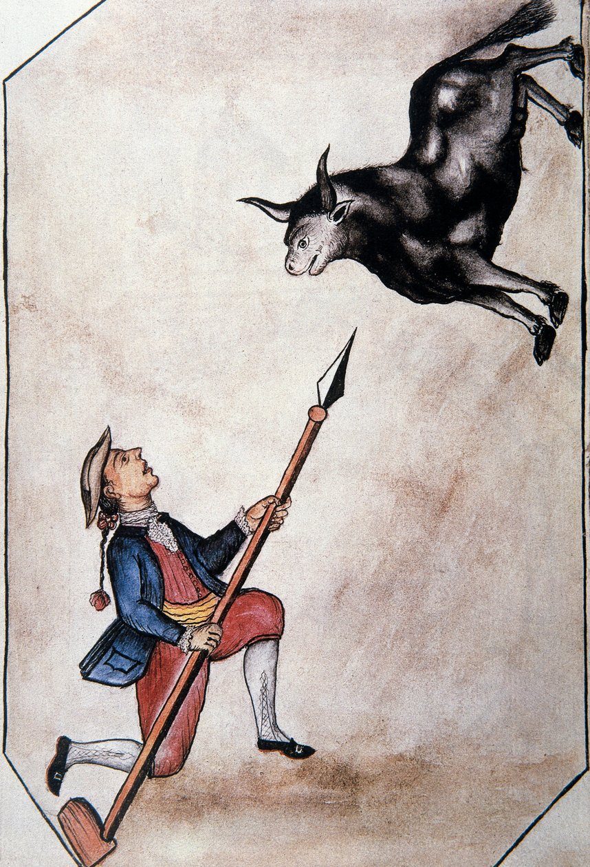 トルヒーヨ司教バルタサル・マルティネス・コンパニオン・イ・ブジャンダ（1782-1785）の著書「トルヒーヨ・デル・ペルー」（Códice Martínez Compañón）に登場する、槍で雄牛を指し示すインディアン。 作： 無名の画家