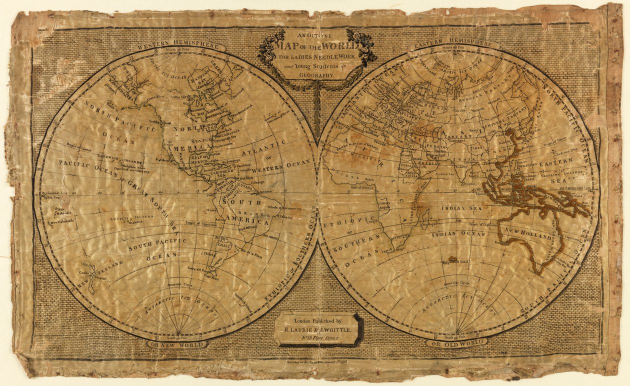 婦人針仕事と地理学の若い学生のための世界の概略図 作： 無名の画家