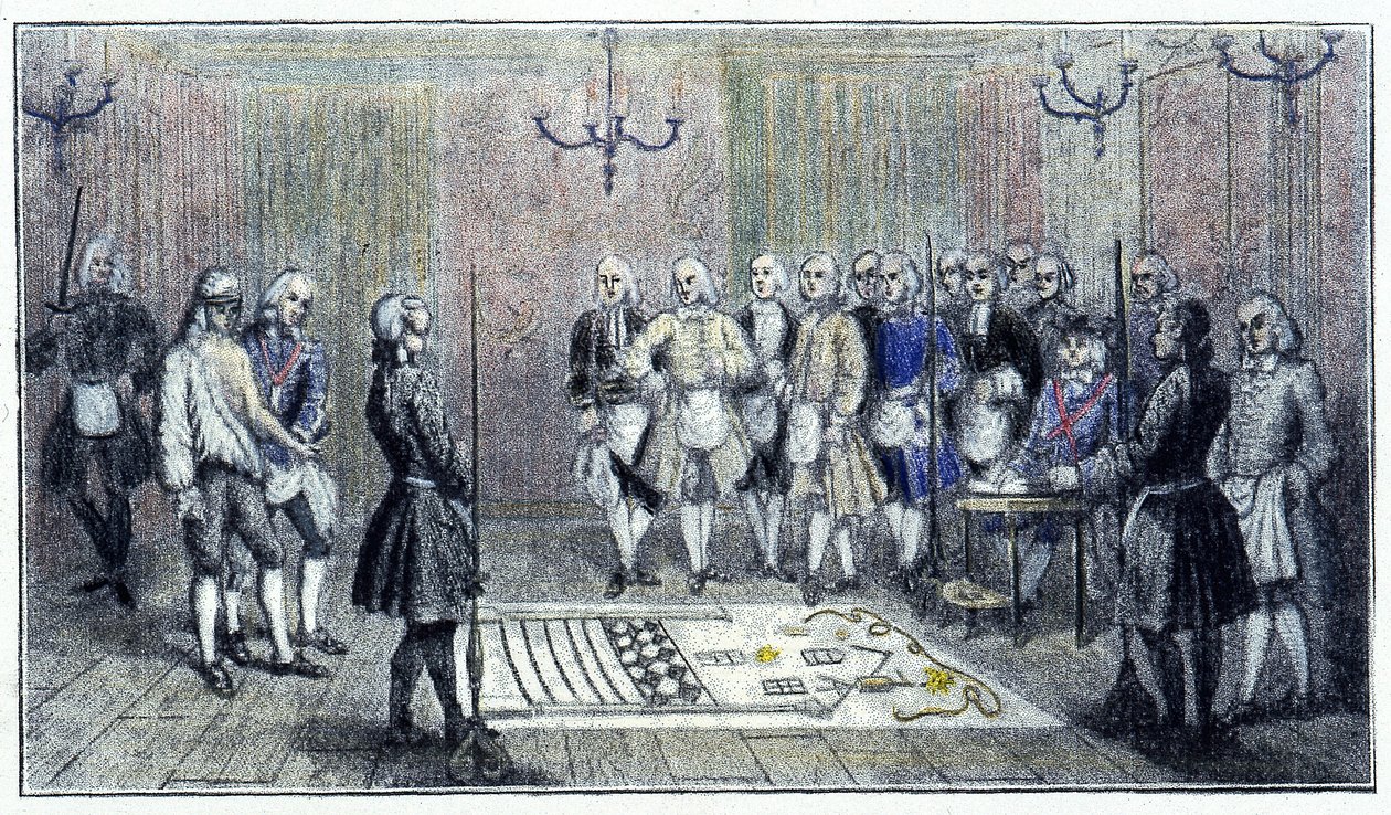 1740年頃のパリの見習いロッジ：フリーメイソンの「見習い」を迎え入れるシーン（床には見習いロッジの絵が描かれている）-当時の刻印によると。 作： 無名の画家