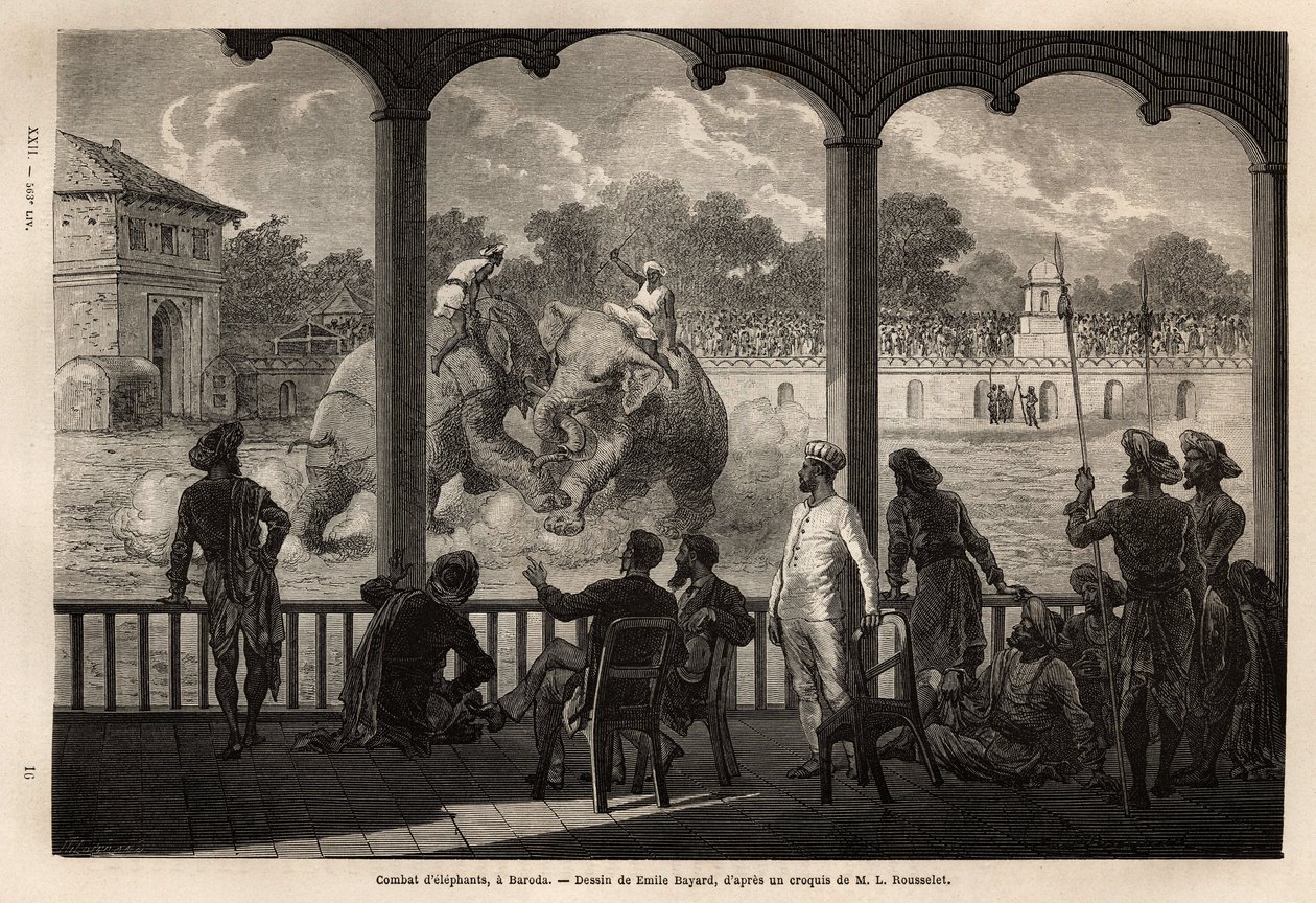 Ein Elefantenkampf in Baroda (Vadodara), Bundesstaat Gujarat an der Nordostküste Indiens. Gravur zur Illustration der Reise in Indien der Rajahs, von Louis Rousselet, 1864-1868, veröffentlicht in "Le tour du monde" 1870-1871, herausgegeben von Edouard Char von Unknown artist